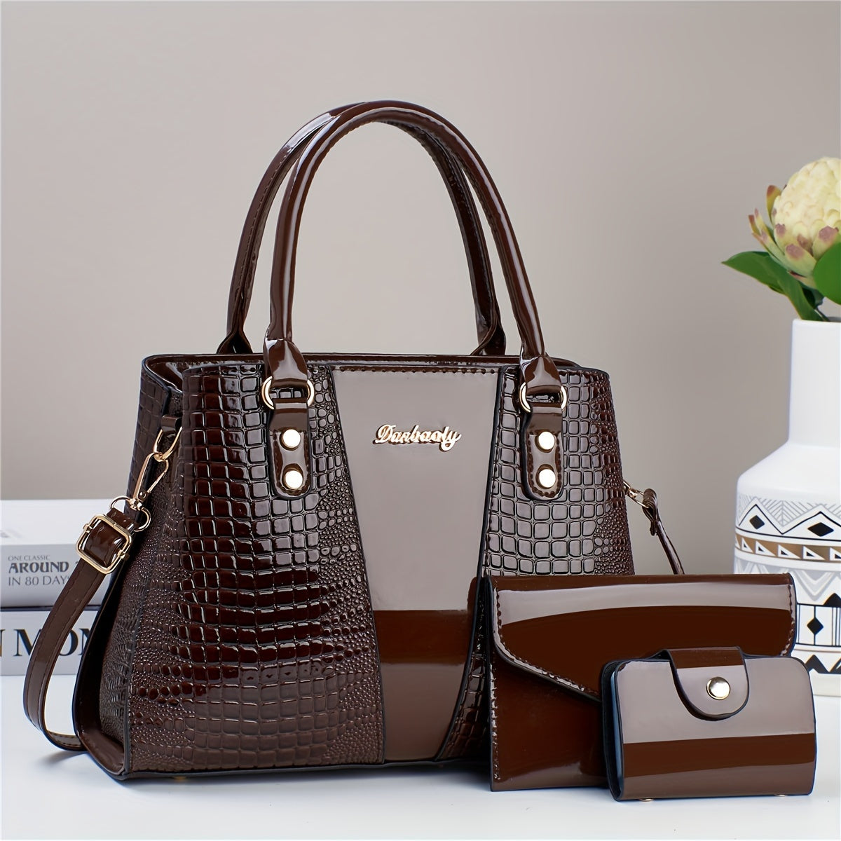 3-piece PU handbag set with crocodile pattern, large capacity crossbody bag, coin purse, card holder, lightweight shoulder bag with sequins and zipper closure