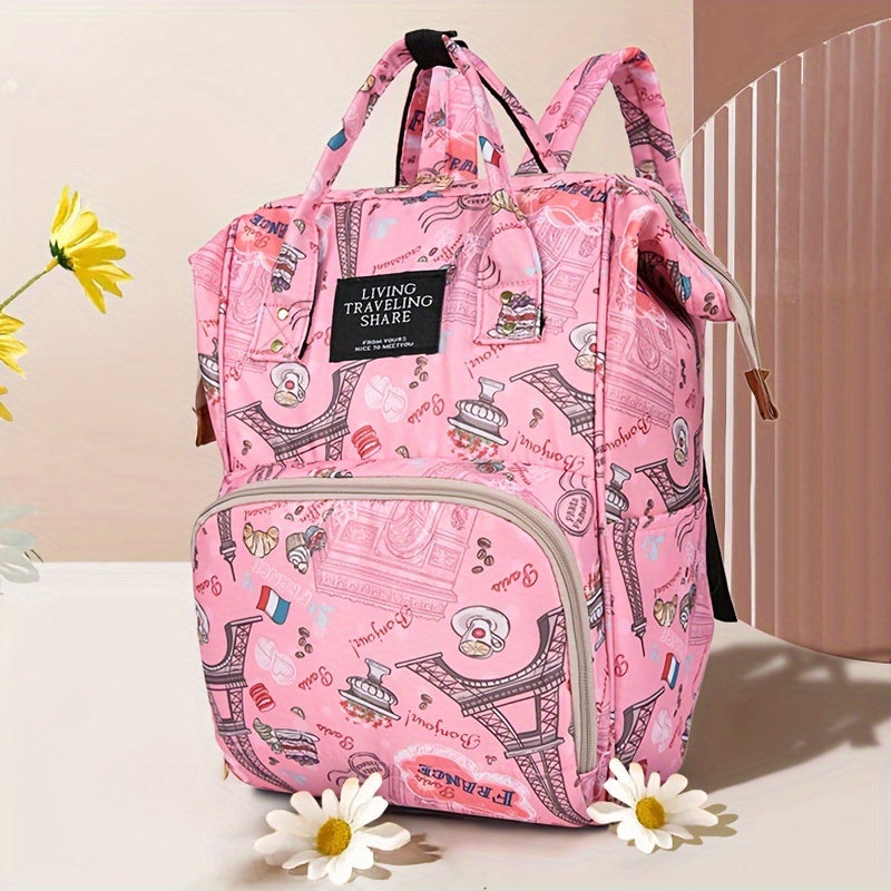 1 Oxford material diaper bag with adjustable shoulder straps, waterproof and stain-resistant, zip closure, polyester lining, cartoon and letter print design for outings.