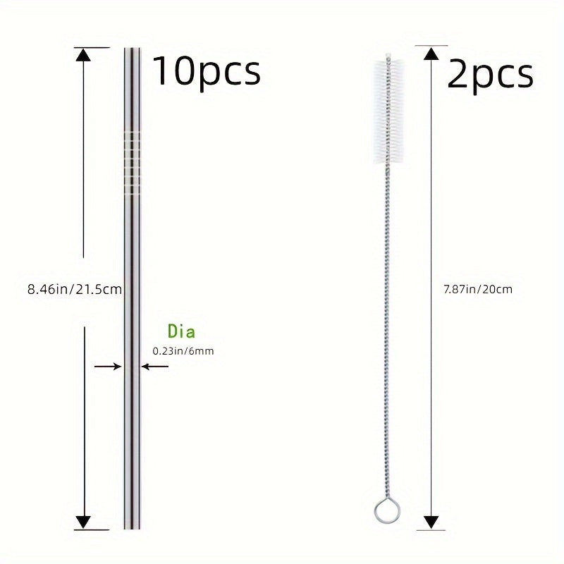 This set includes 10 stainless steel straws that are straight and reusable. Each straw is 21.59cm long and has a diameter of 0.61cm, making them suitable for most drinking glasses. The set also comes with 2 cleaning brushes. Brand: GDGDSY.