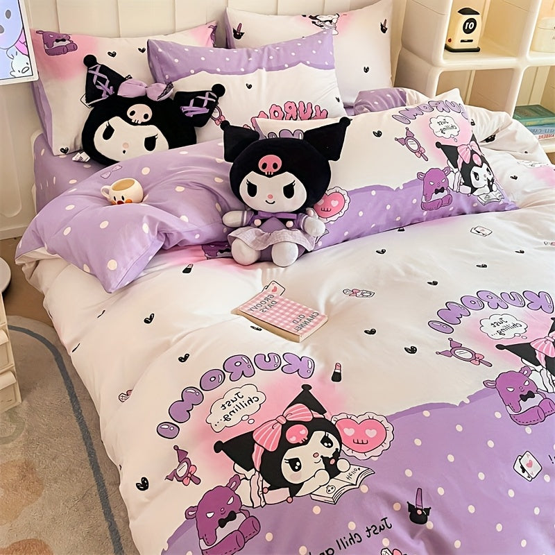 4-piece Sanrio bedding set includes 1 quilt cover, 2 pillowcases, and 1 sheet. Soft, comfortable, and durable. Bedding set measures 200.0cm * 230.0cm and is purple in color. Quilt and