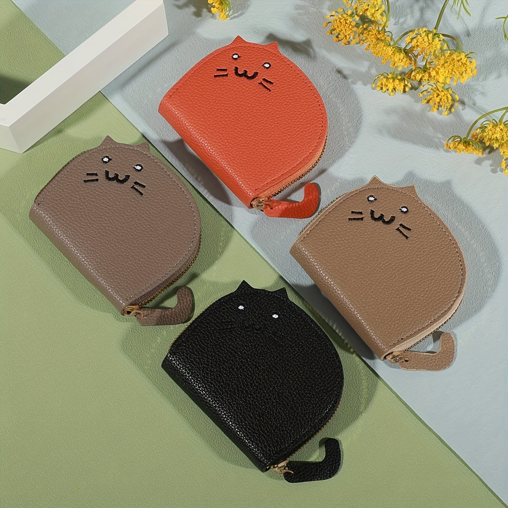 Charming cat-shaped casual wallet with synthetic material, card slots, zip closure, envelope design, easy to clean, and painted edge details.