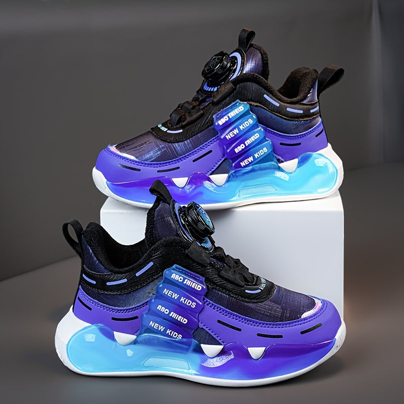 Trendy high top basketball shoes for boys with rotating buckle, non-slip, shock-absorbing soles for outdoor activities.