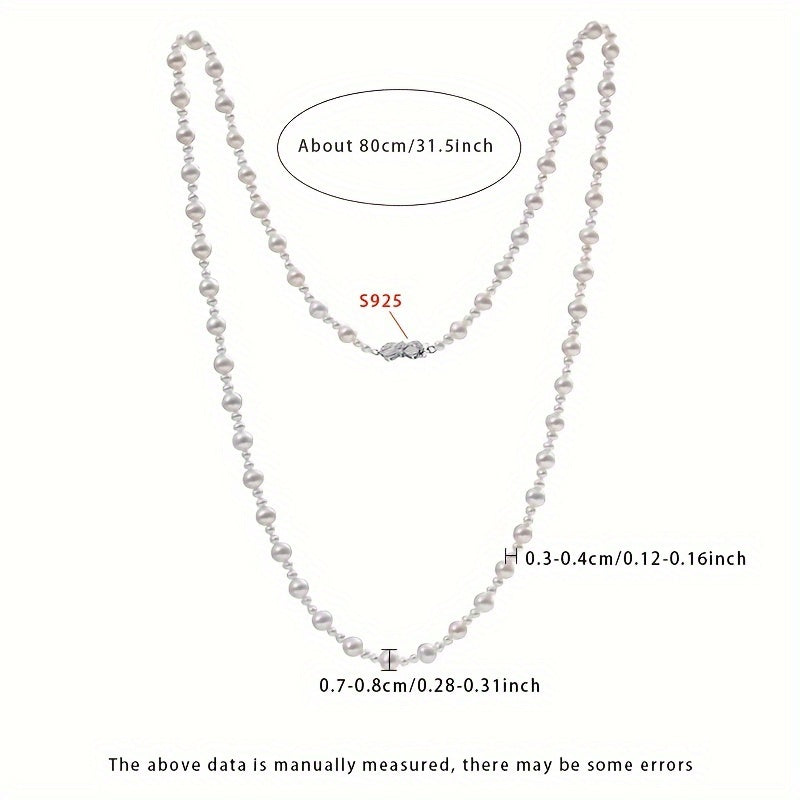 Elegant long chain pearl necklace for women by MUFAN. Made with authentic S925 silver and 3-4mm/7-8mm natural freshwater pearls. The necklace is 80cm long and comes in a gift box, perfect for daily wear or gifting. Please note: pearls may have small