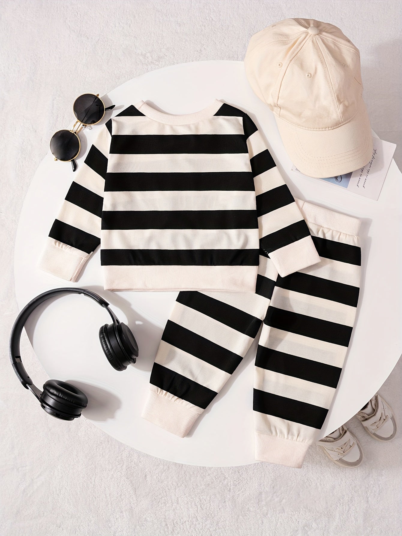 Stylish casual striped outfit for boys, including round-neck long-sleeve top with 'BOY' embroidery and striped long pants, perfect for children's wear in spring, autumn, and winter