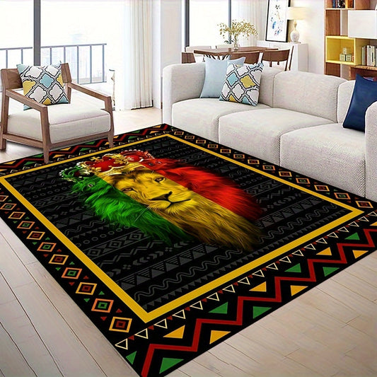 Soft, non-slip, and washable polyester mat with a modern African design featuring a vibrant 3D Lion King print. Perfect for adding a touch of personality to your living room, bedroom, kitchen, or home office decor.  Suitable for use as a rug in your