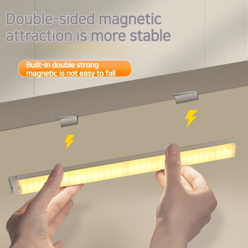 Wireless, rechargeable LED cabinet light with magnetic suction for staircases and hallways.