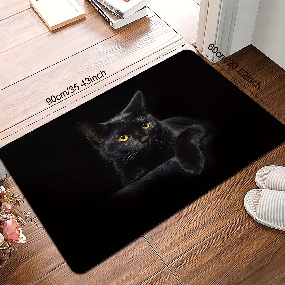 Black Cat Print Door Mat is a versatile and stylish addition to your home decor. Made of anti-slip and anti-fouling polyester rug material, this mat is suitable for both indoor and outdoor use. Perfect for adding a touch of personality to any room in