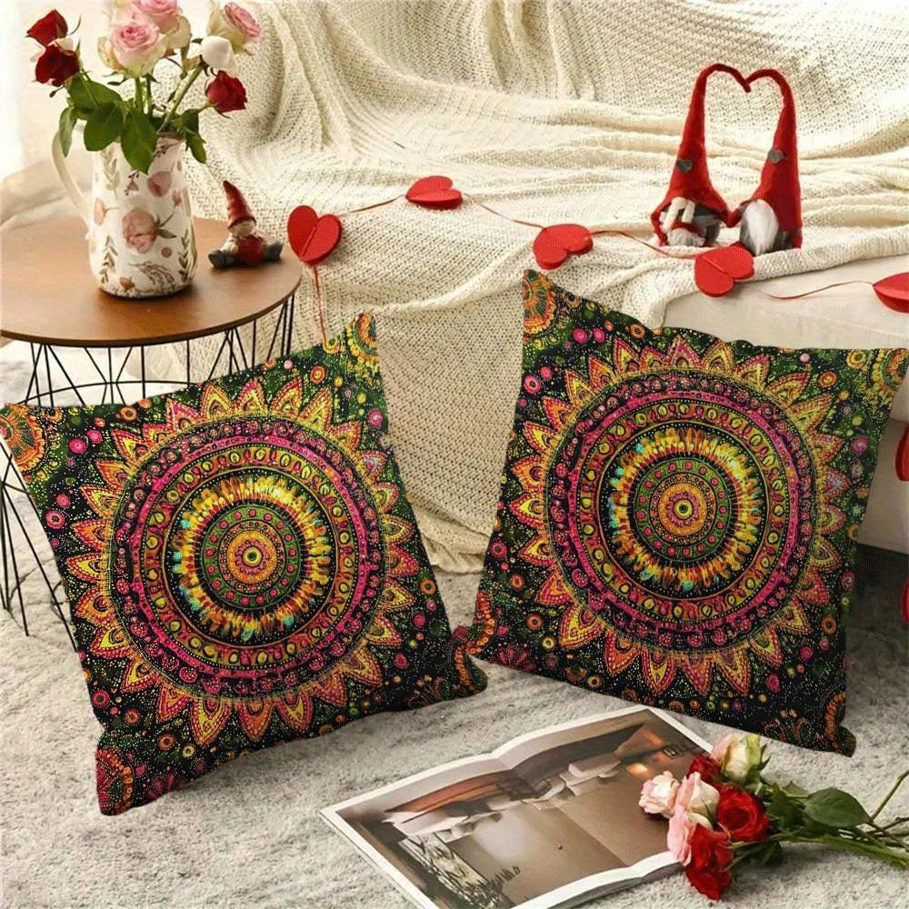 Two Bohemian Mandala Flannel Pillow Covers in a pack, each measuring 45.72x45.72 cm. Featuring an invisible zipper and machine washable design, these decorative cushion cases are suitable for all seasons and boast a modern style. Perfect for back