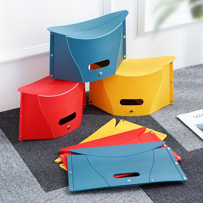 This versatile folding stool is made of sturdy plastic and doesn't require any assembly. It can easily be folded into a compact size with a convenient carrying handle, making it perfect for camping, fishing, or picnics. Available in red, yellow, and blue.