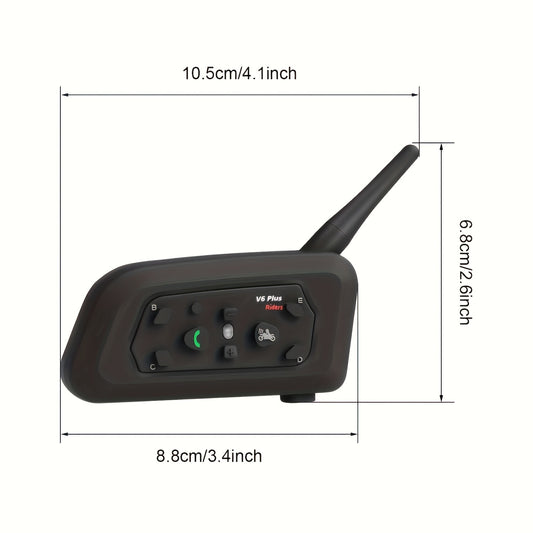 V6 Plus Motorcycle Helmet Wireless Headset Intercom with 1200m range for 6 motorcyclists. Made of plastic with ear cushions, volume control, Type-C jack, and rechargeable Lithium