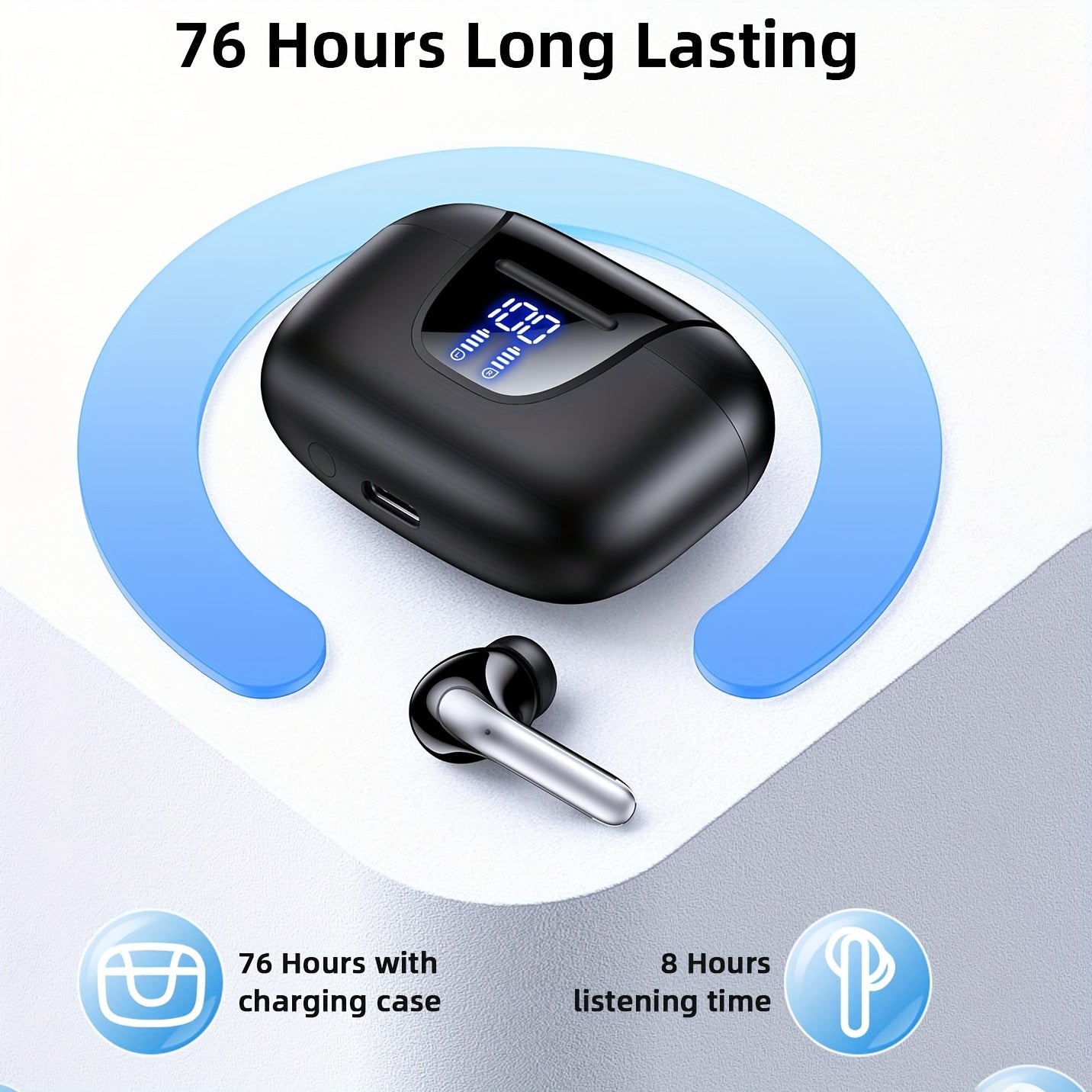 LAIMICAERIN Wireless Earbuds with 13MM speakers, long playtime, touch control, noise-cancelling voice call, and digital battery display. Compatible with iPhone & Android for gaming