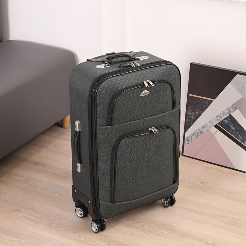 Suitcases measuring 50.8cm and 60.96cm with multi-color options, spinner wheels, telescopic iron handle, combination lock, and durable zipper closure. Ideal for secure and stylish travel