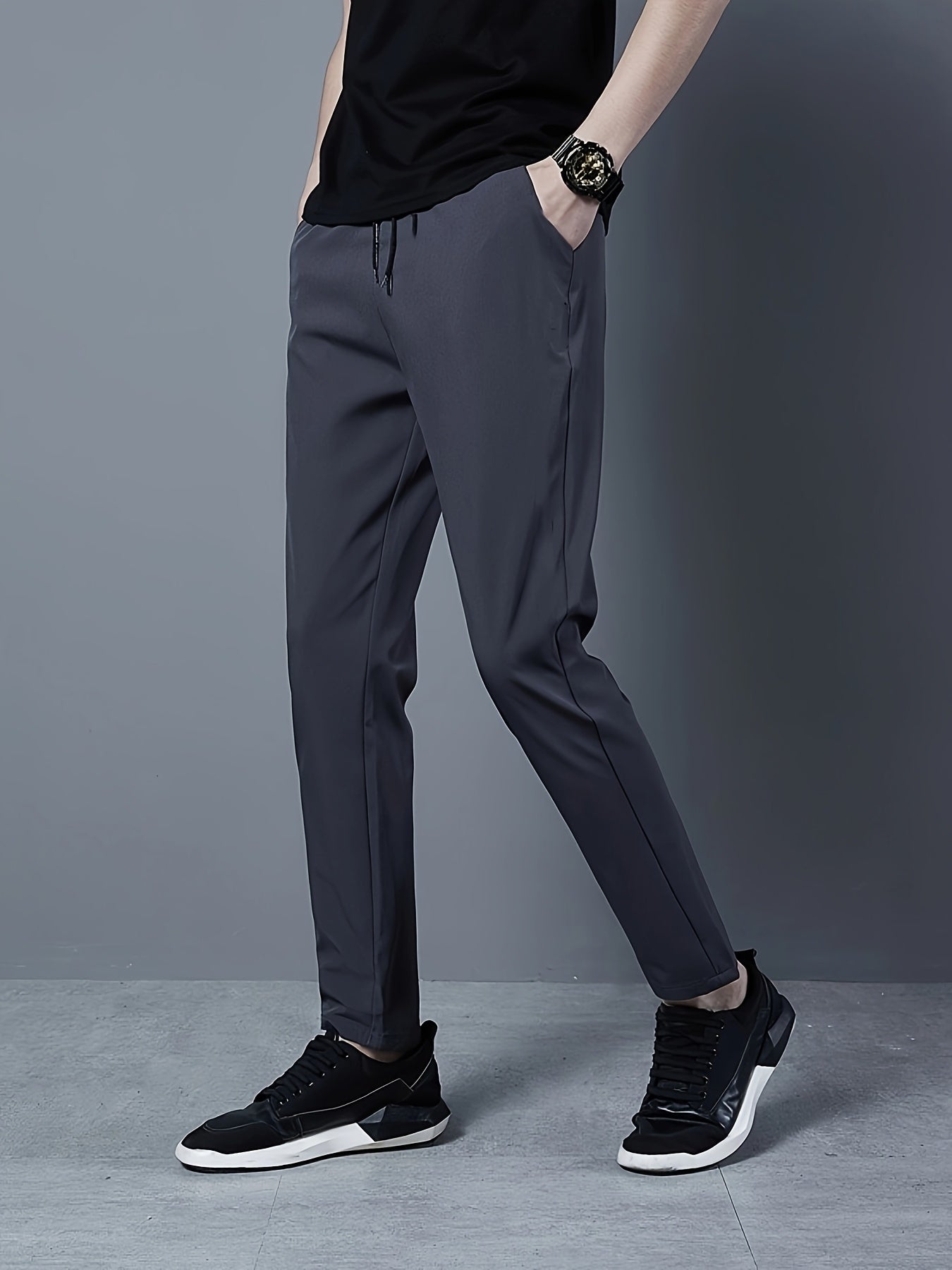 Men's Solid Golf Pants, Drawstring Slim-fit Dress Pants with Pockets for Summer.