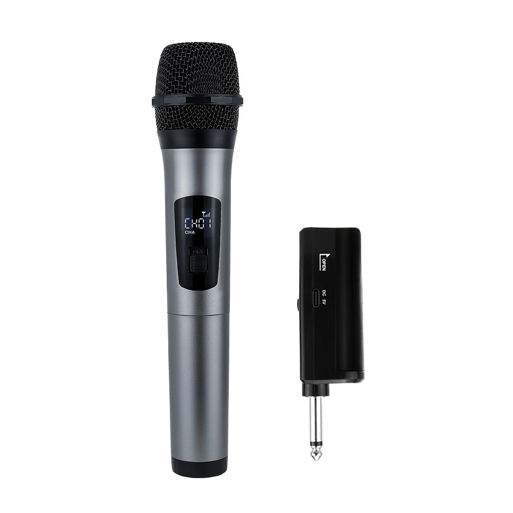 Heikuding Wireless Karaoke Microphone with USB rechargeable lithium battery, 6.35mm jack, one-way polar pattern, small diaphragm, clip and stand features for versatile use.