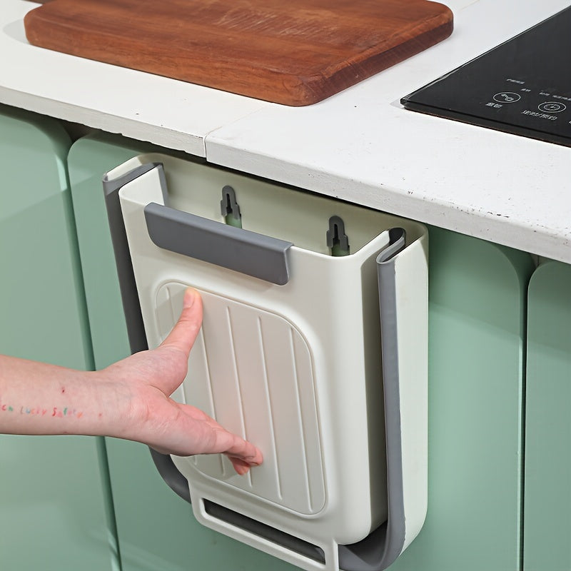 Kitchen foldable trash can for hanging in cabinets, with thickened large diameter and no bending needed. Essential kitchen accessory.