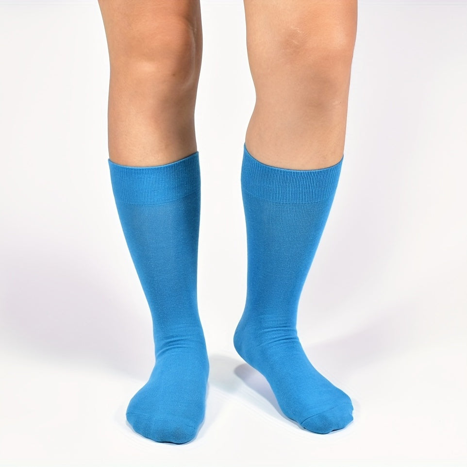 10 pairs of men's colorful fashion dress socks made of cotton that are sweat resistant, anti-odor, comfortable, and over the calf.