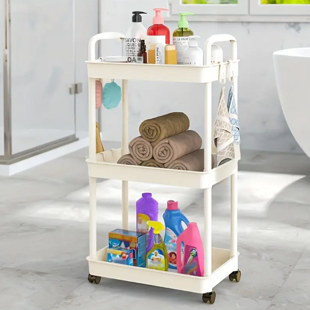 Durable plastic storage cart with multiple tiers for organizing kitchen, bathroom, and bedroom. Easy to assemble with baskets, bins, and containers for home organization.