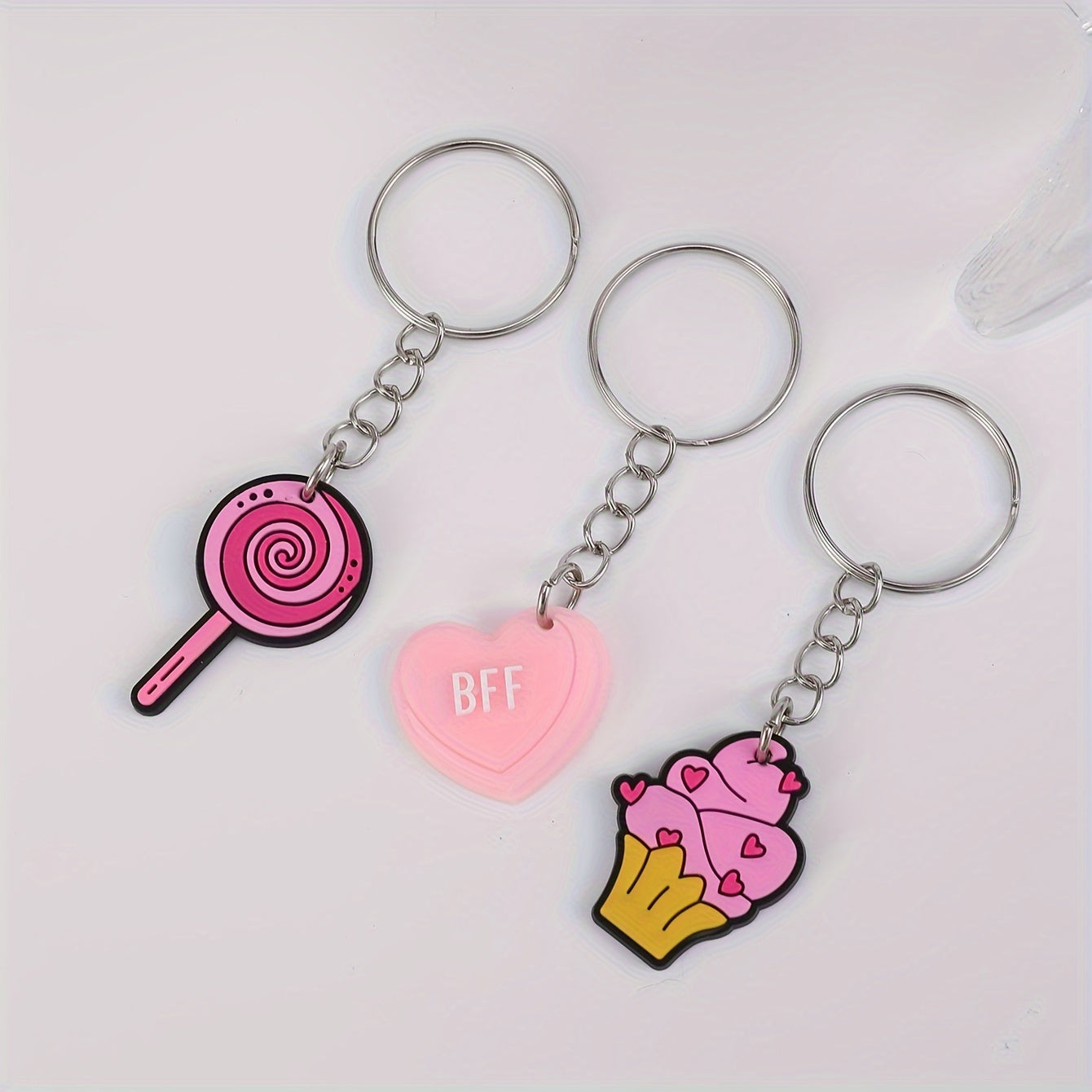 Stylish Pink PVC Keychain Set - Variety of Adorable Cartoon Charms featuring Hearts, Poodles, Ice Cream & Lollipops - Ideal Present for ladies and young girls