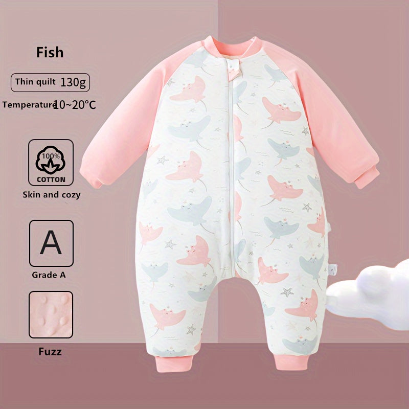 Unisex baby sleep sack with animal print is made of thick cotton filled fleece, lined with polyester fiber fill. Machine washable, suitable for one person. Cover made of 100% cotton, with 120-140g lining weight.