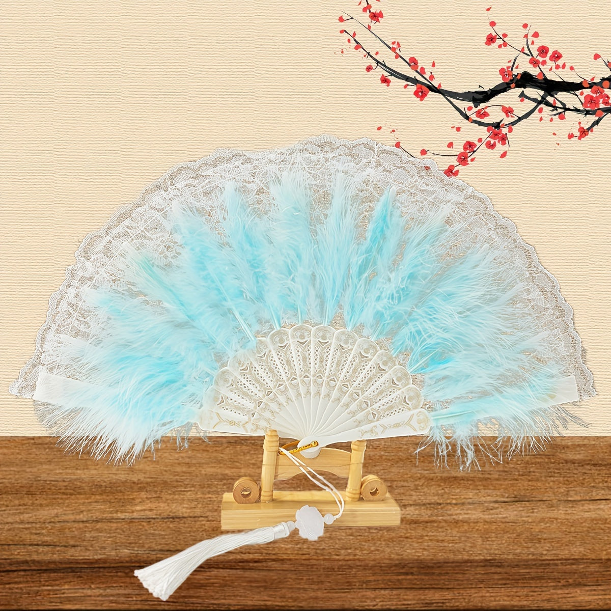 Chic Lace and Feather Foldable Fan with Vintage Floral Pattern - Ideal for Tea Parties, Gatsby Affairs, and Wedding Elegance