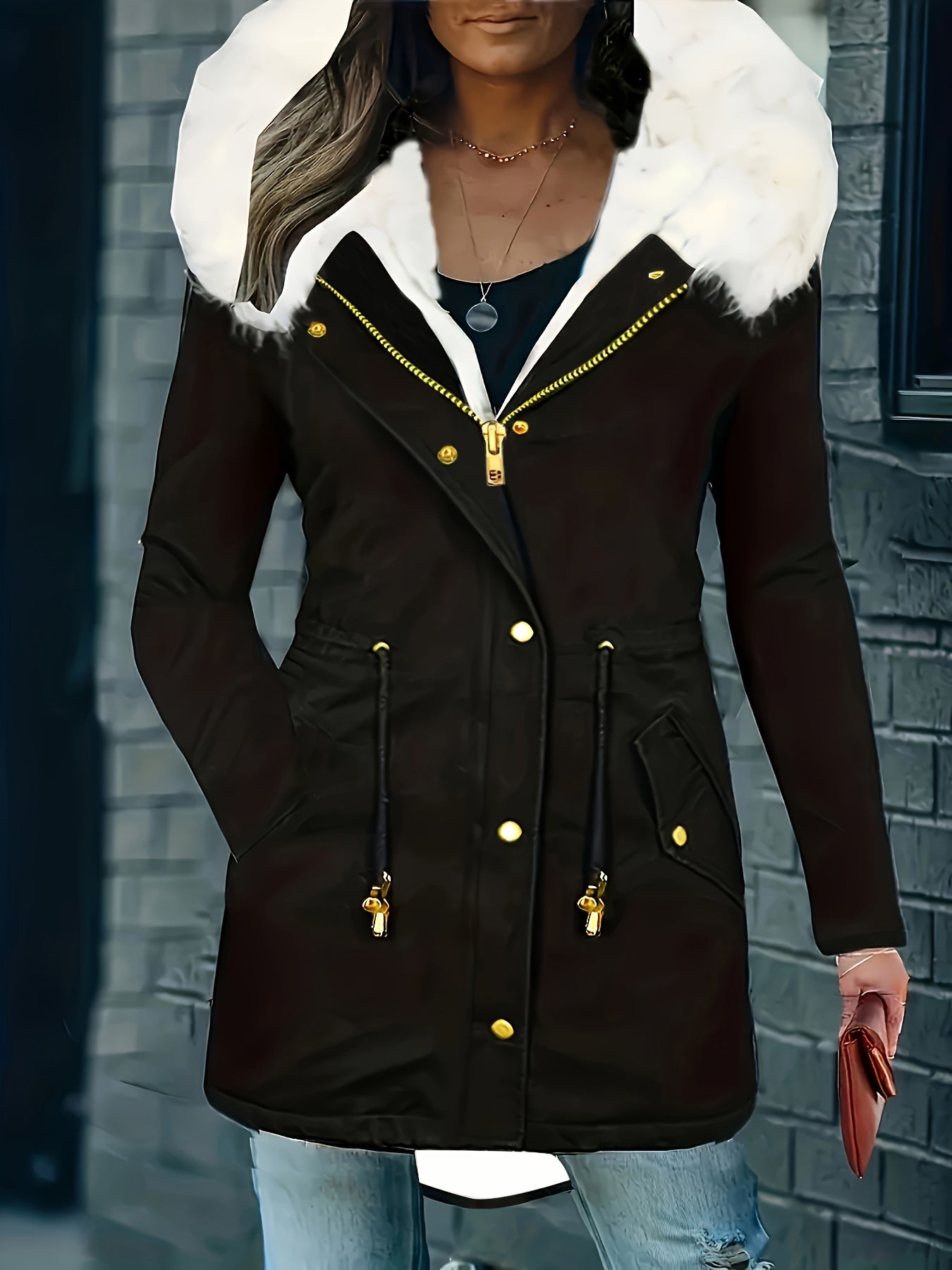 Women's plus size winter coat with fuzzy contrast, drawstring waist, full zipper, warm pockets, and long sleeves.