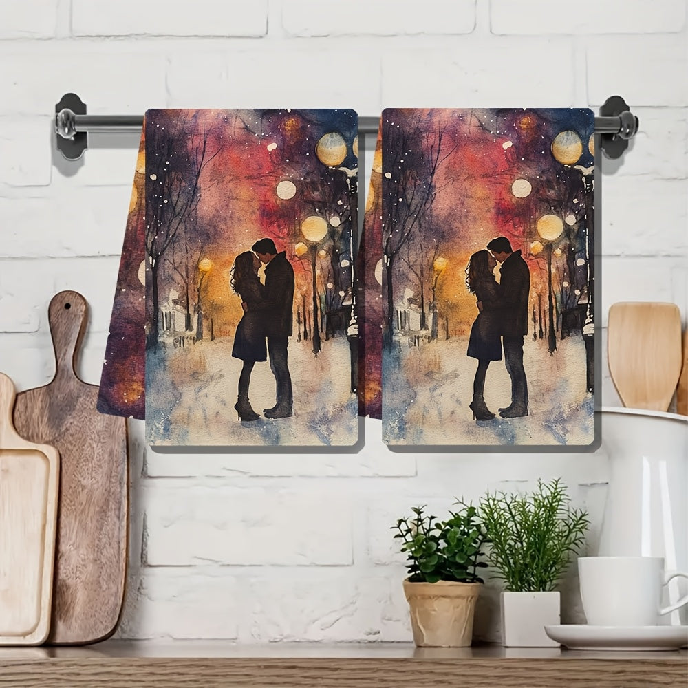 Set of 2 Romantic Sunset Kiss Kitchen Towels - Made with Ultra Soft, Highly Absorbent Polyester Material, Each Towel Measures 40.64x60.96 cm. Easy to Clean in the Washing Machine, Features a Vibrant Winter Scene Design Perfect for Holiday Decor and