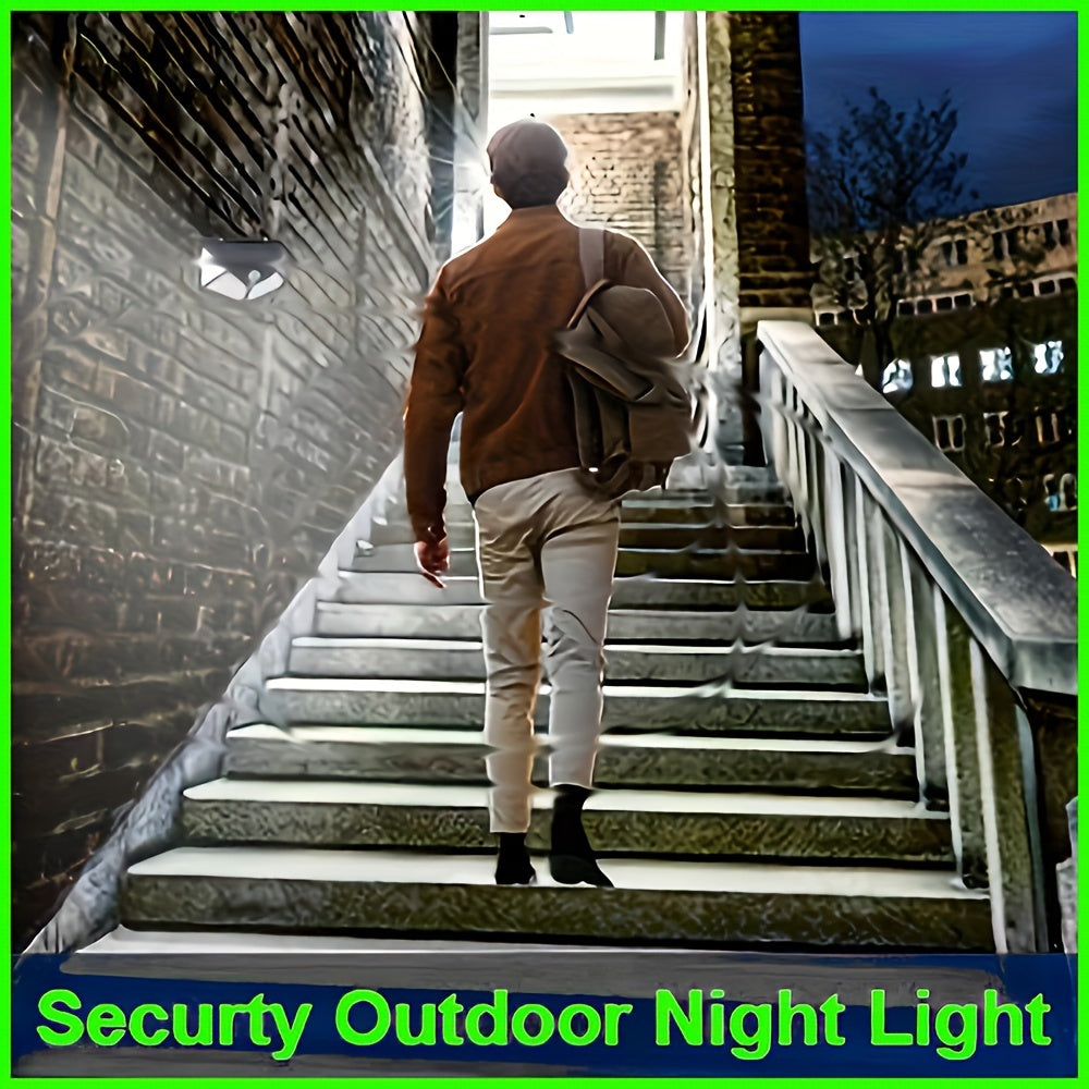 Outdoor security light with 100 LED beads, powered by solar energy and equipped with motion sensor, suitable for garden decoration, garage, and street lighting.