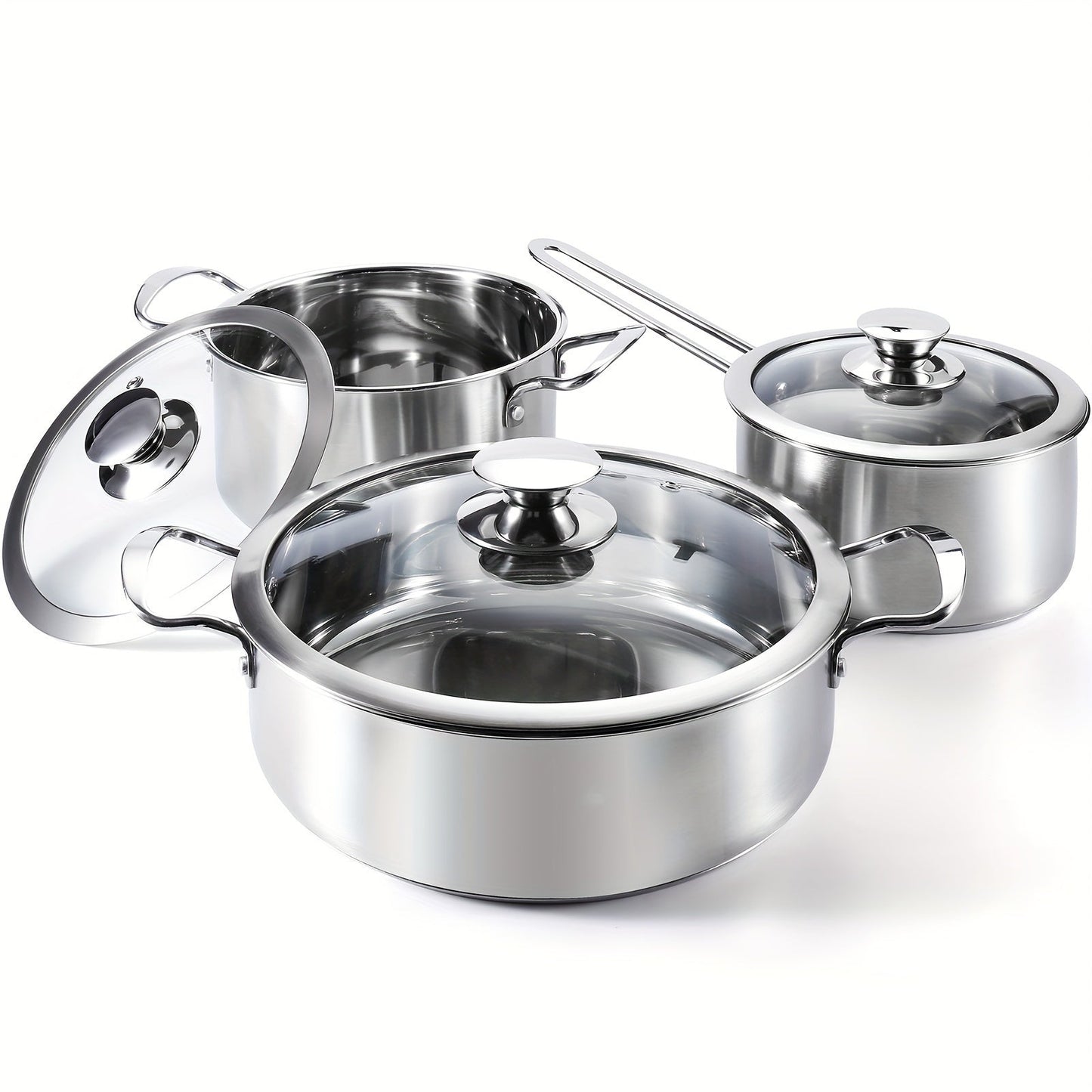 Stainless Steel Cookware Set includes 6 pieces- Perfect for Induction, Electric, and Gas Stoves. Oven Safe with Cool-Touch Handles, Long-Lasting and Simple to Clean- a Must-Have for Home Cooking Enthusiasts.