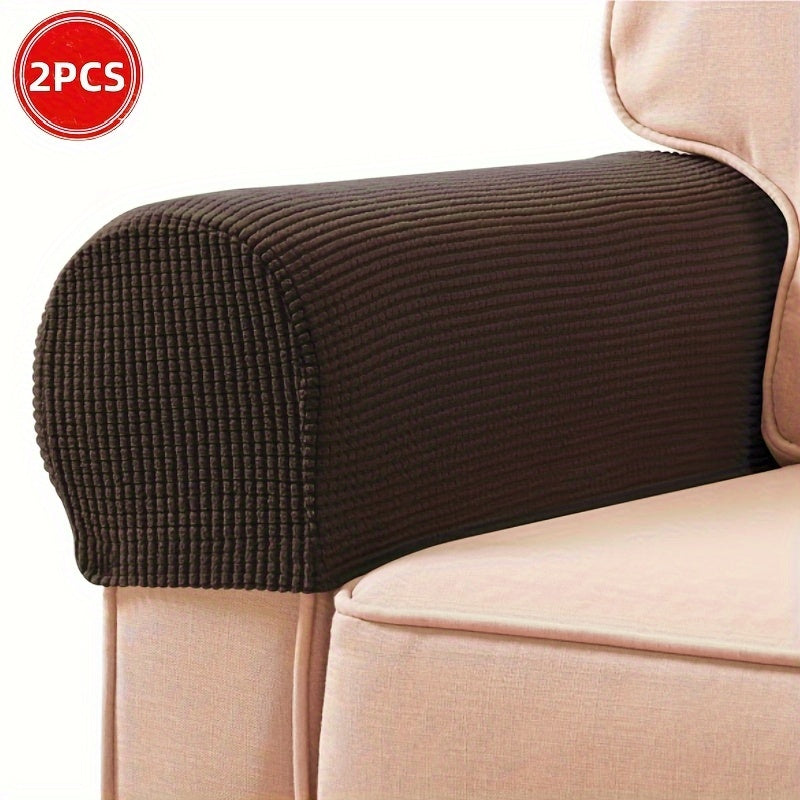 2 Stretch Armrest Covers made of durable spandex blend with plush texture. Scratch & dust resistant, and machine washable. Fits single to four-seater sofas & recliners in various colors.