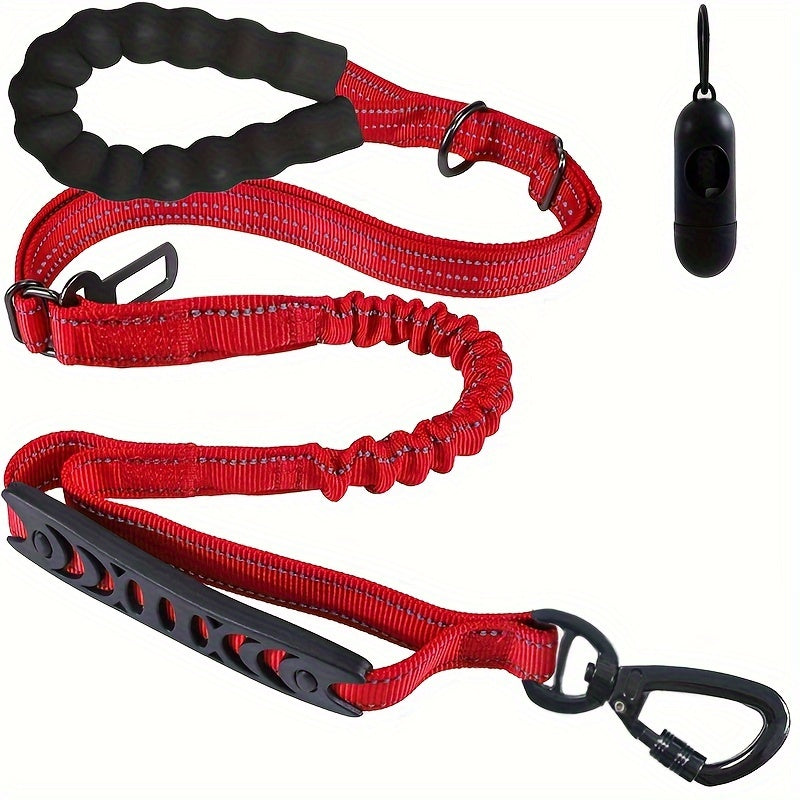 Bungee dog leash with 2 padded handles, reflective threads for medium to large dogs, 4-in-1 multifunctional design with car seat belt.