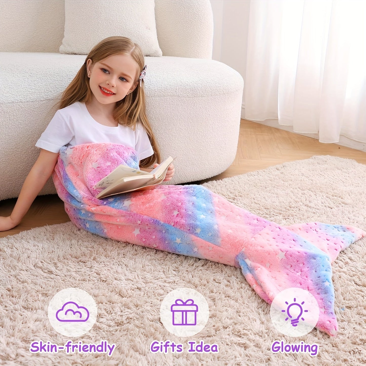 Soft flannel wearable plush mermaid tail blanket that glows in the dark, suitable for girls, teens, and adults. Ideal for all seasons, birthday gifts, nursery decor, unicorn sleeping bag, and kindergarten decor.