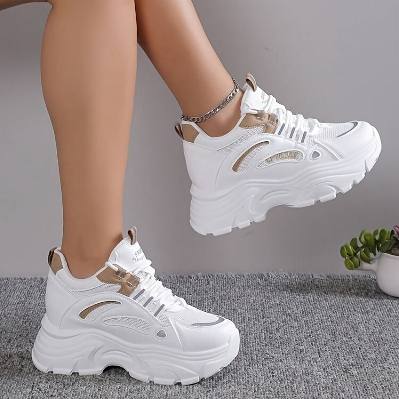 Chunky sneakers with breathable mesh and height increase for women, trendy walking shoes.