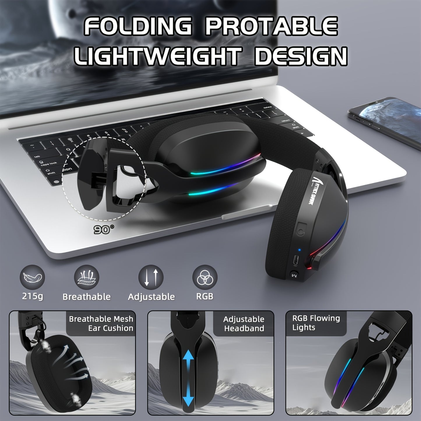 ATTACK SHARK L90 Foldable RGB Gaming Headset - Ultra-Light, Tri-Mode Wireless/Wired, 7.1 Dynamic Stereo Sound, RGB Lighting, Breathable Design for Multiple Devices