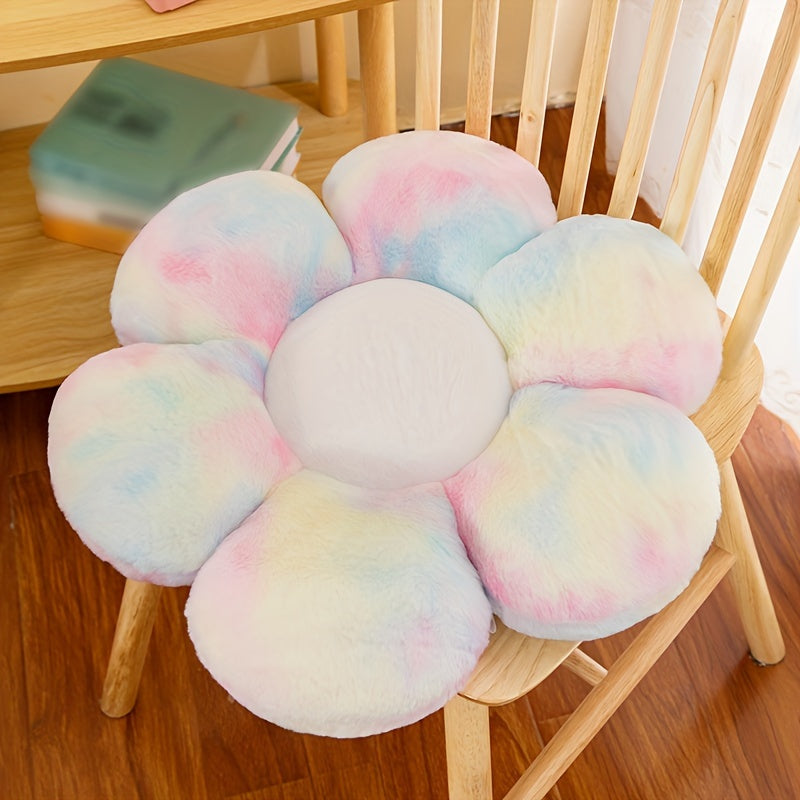 Flower-shaped plush pillow in pastel tie-dye, hypoallergenic, ideal for home decor and gifts. Dry clean only.