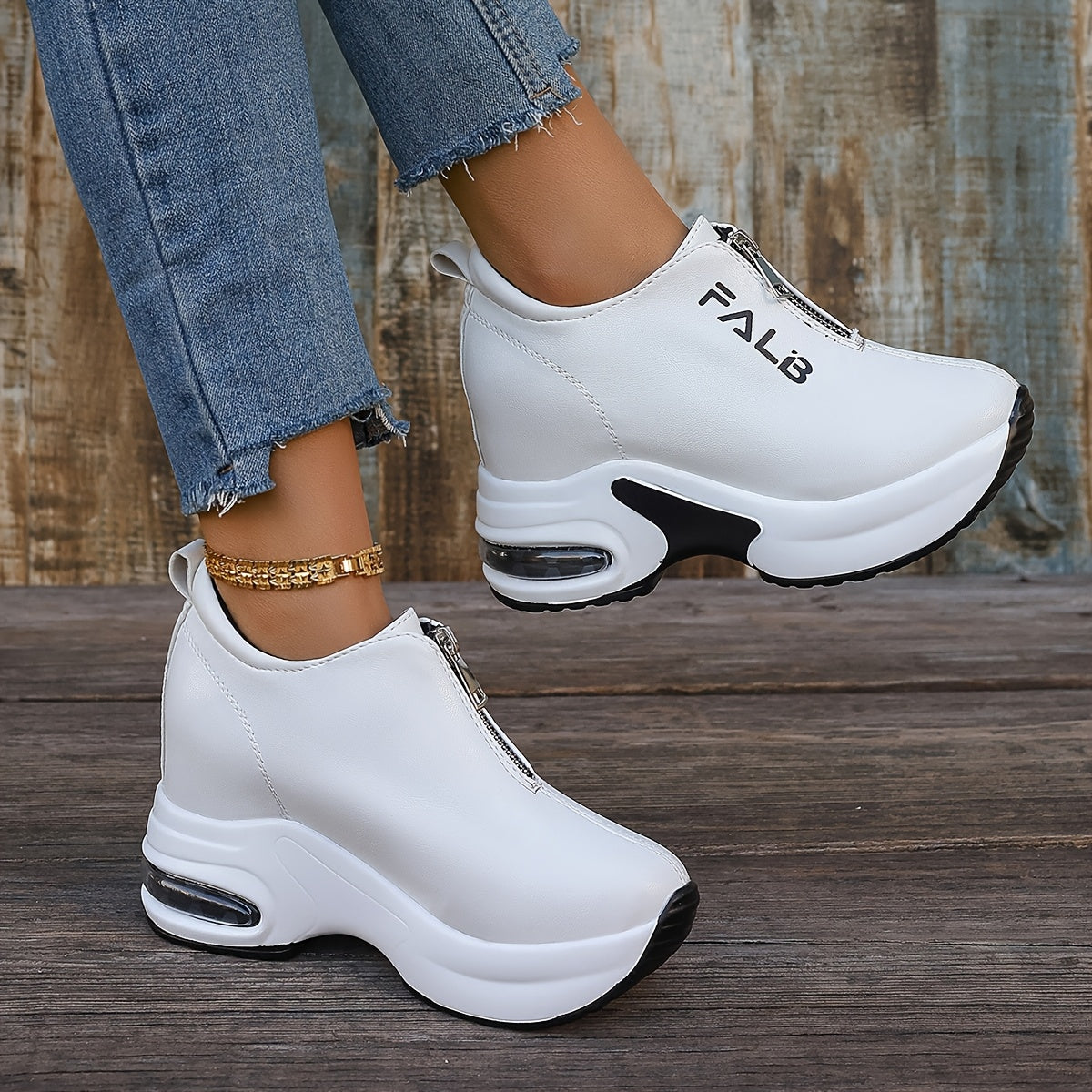 1 Pair Women's Fashion Sneakers with Air Cushion, Zipper Closure, Solid Color, Low Top, and Rubber Sole.