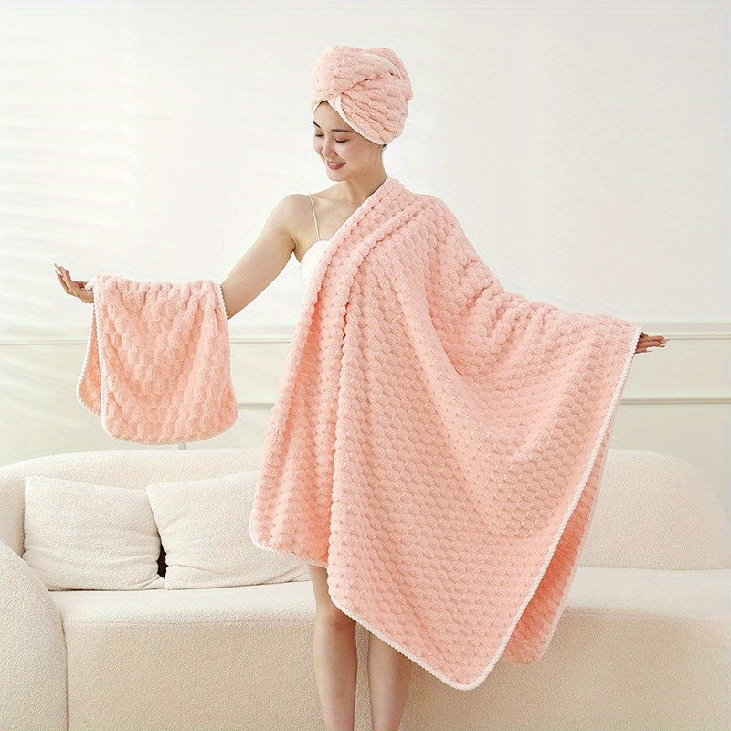 Large pink coral fleece bath towel that is ultra-soft, absorbent, lint-free, and stylish. Perfect for a cozy post-shower experience.