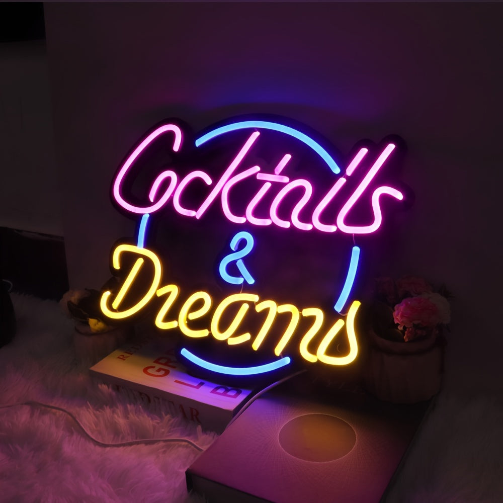 1pc NEON FINE NF "Cocktails & Dreams" LED Neon Sign - Vibrant Blue, USB Powered Wall Art for Bars, Hotels, Pubs, Bedrooms, Cafes - Ideal for Wedding, Birthday Party Decor, 44*36cm, Pub Art Piece. Vibrant Wall Art with USB Powered Sign.