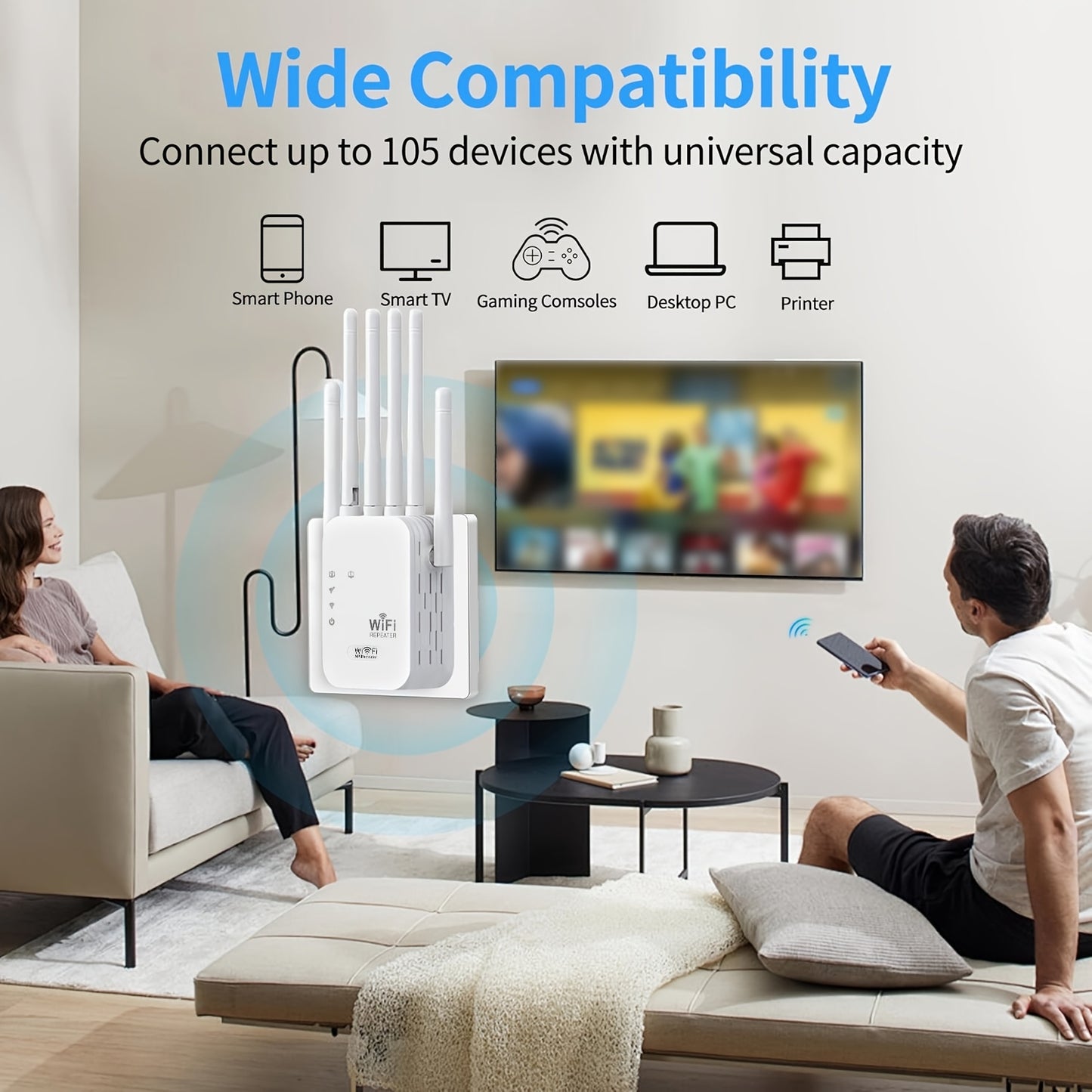 European Standard 1200Mbps Wifi Range Extender with dual-band signal, 6 antennas for full coverage, plug-in design, Ethernet port, and long-distance reception.