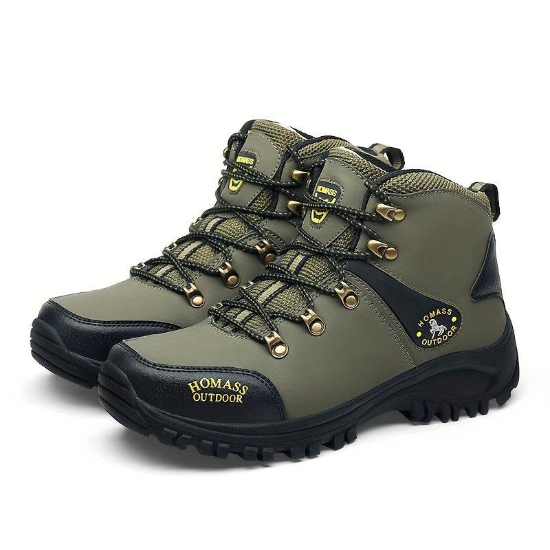 Vintage-style men's hiking boots with warm, durable, non-slip design and elastic ankle support. PU upper, rubber sole, lace-up closure. Ideal for all-season adventures.