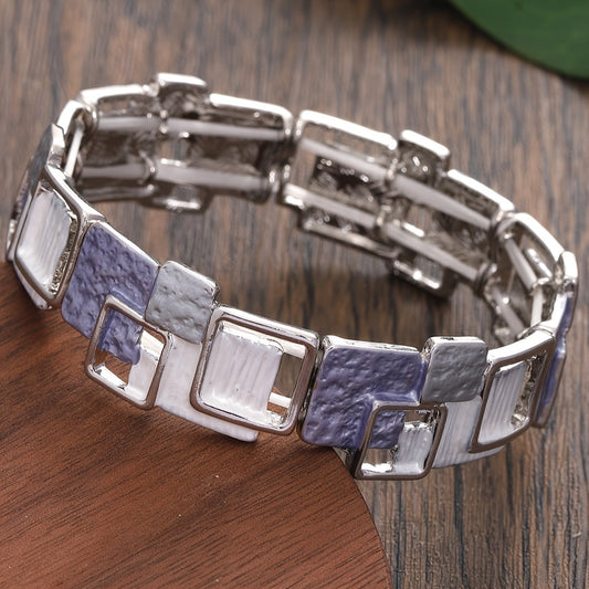 A zinc alloy bracelet with unique plating, featuring a vintage style geometric square design. This flexible band is a fashionable accessory suitable for both daily wear and vacation occasions. It is one size fits all and does not have a mosaic pattern.