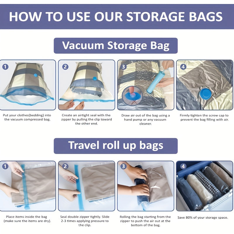 Set of 25 Vacuum Compression Storage Bags, Ensures airtight storage for Clothes, Blankets, Shirts. Ideal for Dorms, Closets, Wardrobes, Bedrooms, and Travel. A great organizer for saving space.