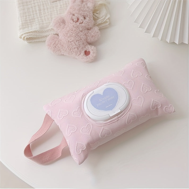 Travel in style with the 1pc Polyester Portable Wet Wipe Organizer featuring an Ins-Style Large Capacity 3D Heart Design. This convenient flip-top handheld storage pouch in Pink & White is perfect for keeping your wipes organized on the go.