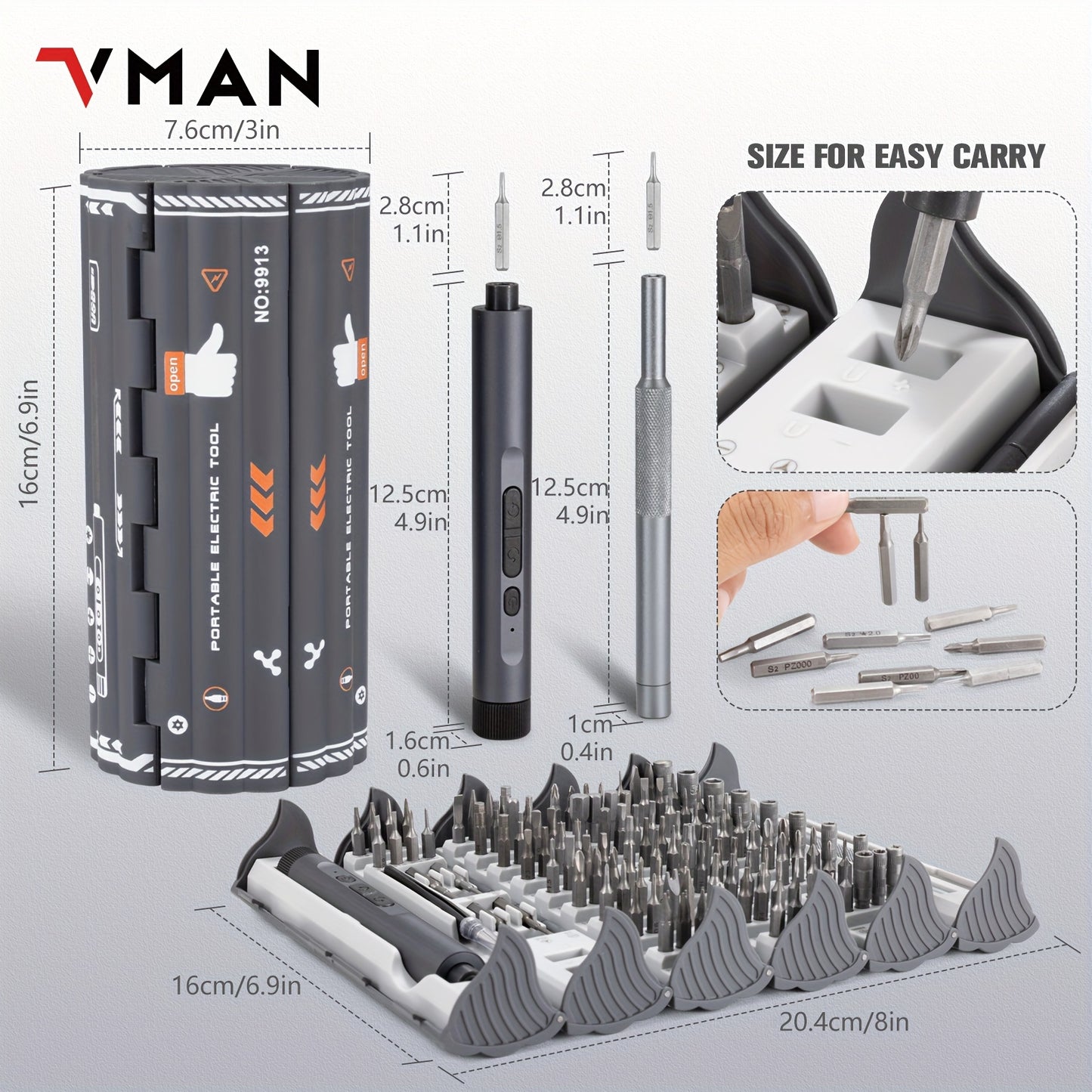 VMAN 138-in-1 Precision Electric Screwdriver Set with Battery/USB Dual Power Mode, Chrome Vanadium Steel, 230mAh Lithium Polymer Battery, ≤36V Operating Voltage for Mobile Phones, Cameras