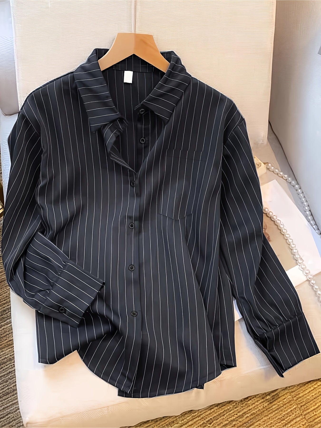 1 piece women's long sleeve striped shirt made from 100% polyester with lapel collar and button-up design, suitable for all seasons.