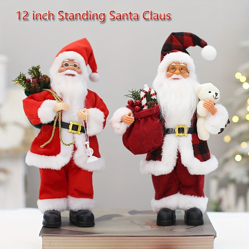 12-inch Classic Santa Claus Figurine in Red & Black Attire for Festive Home Decor during Christmas and New Year's. Made of Durable Synthetic Fiber, Ideal for Window or Tabletop Display in Homes, Shopping Malls, and Hotels.