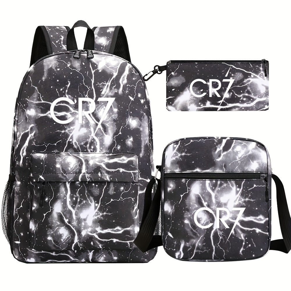 CR7-inspired men's backpack set includes 3 pieces: backpack, crossbody pouch, and pen case. Lightweight and spacious, perfect for school or commuting. Made of durable polyester, hand