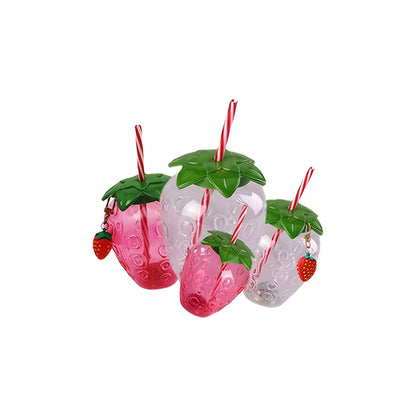 Cute transparent strawberry tumbler with lid and straw, perfect for milk tea or fruit drinks. Great for parties and on-the-go.