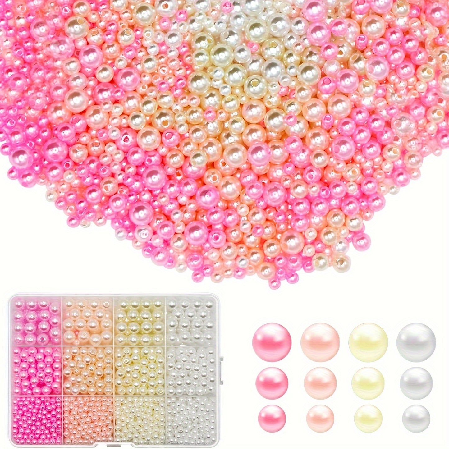 1320 pieces of white round pearl beads in sizes of 4, 6, 8, and 10 millimeters. Comes in 12 boxes for making DIY bracelets and necklaces. Can be used to create colorful crafts with beads