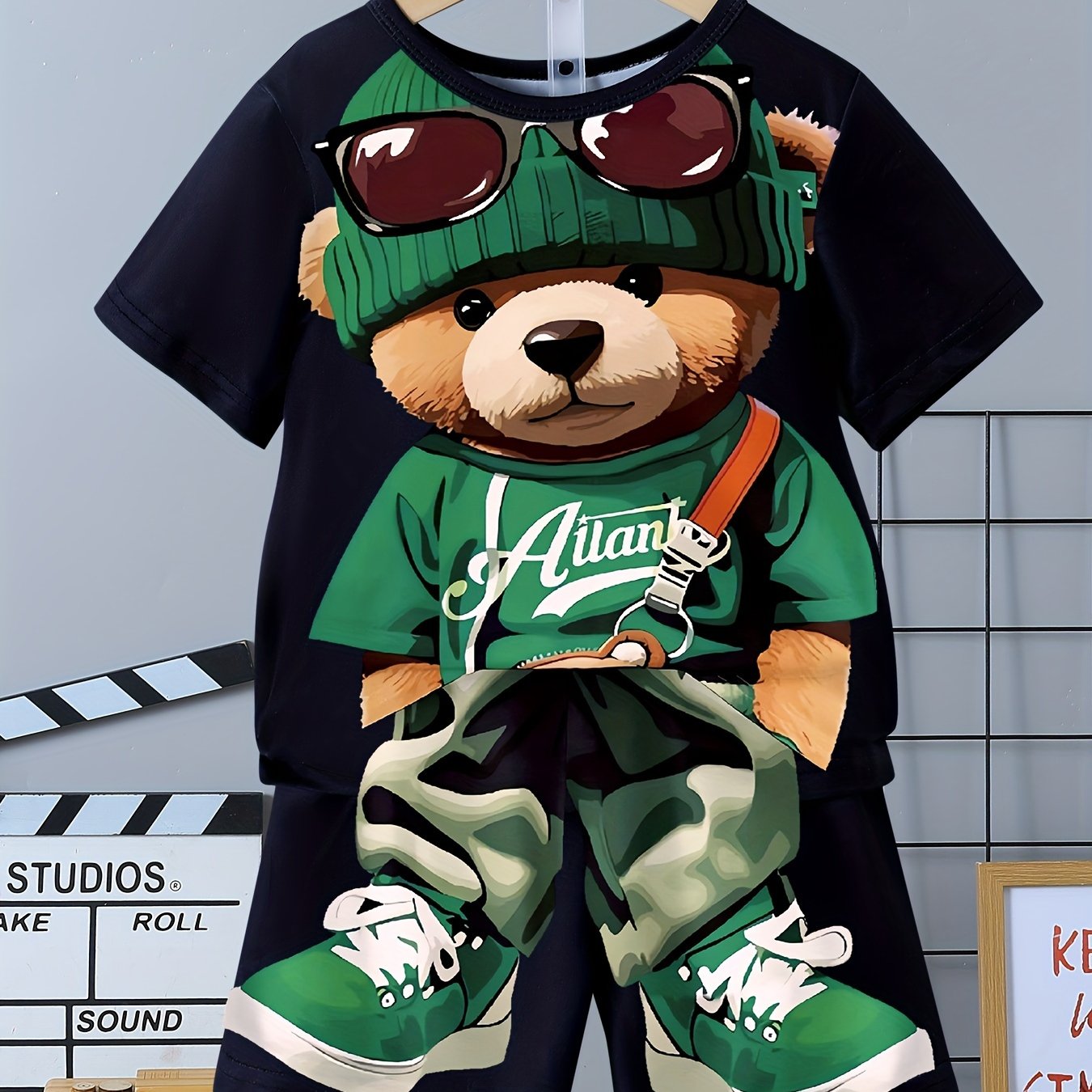 Boys' Cartoon Bear Outfit: Crew neck T-shirt and knit shorts with slight stretch for summer.