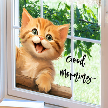 Charming Orange Tabby Cat Static Cling Window Decal - "Good Morning" Double-Sided, Reusable PVC Sticker, 5mil Thickness for Home & Office Windows and Walls